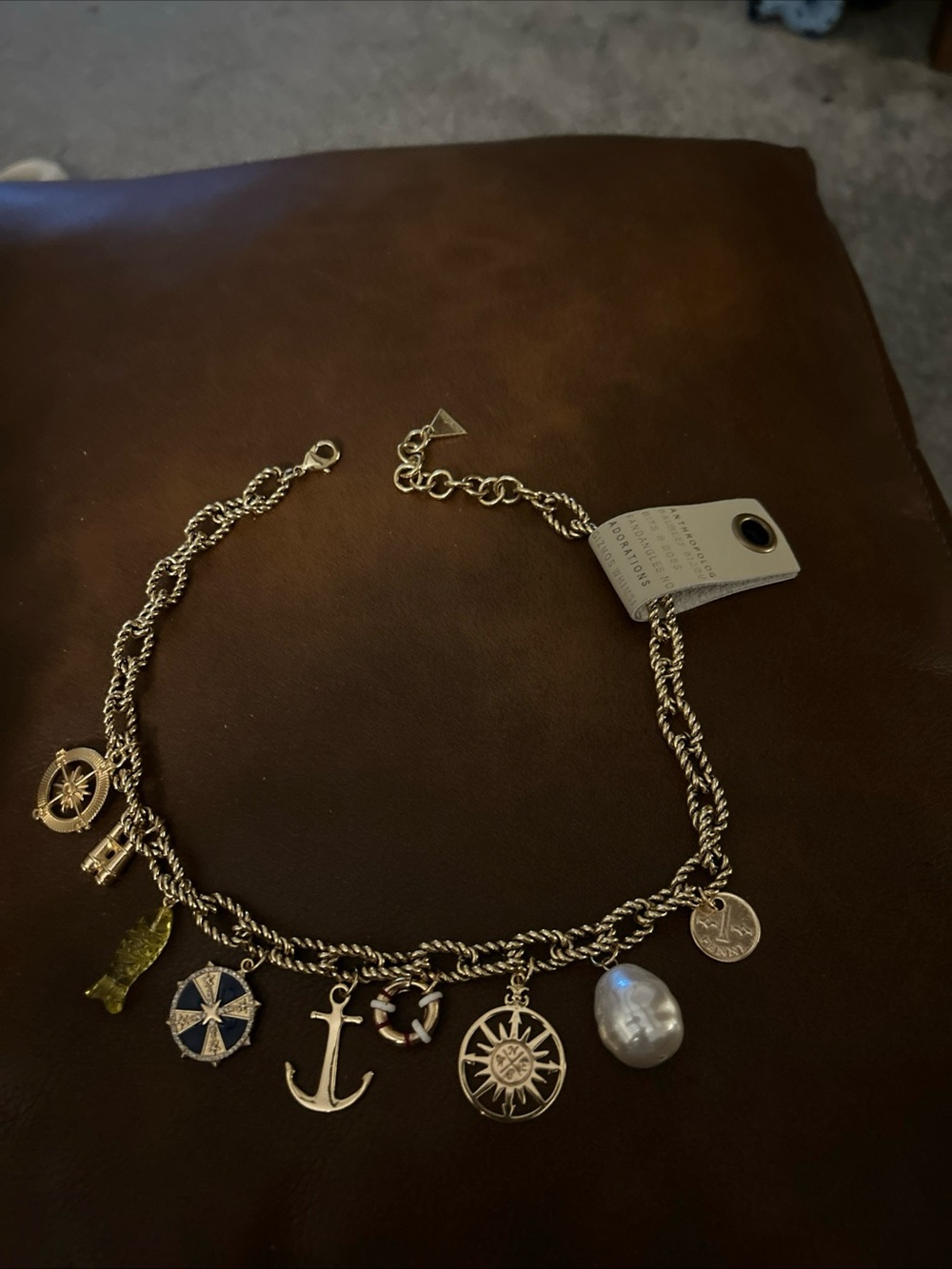 Anthropologie Nautical Charm Gold -Tone Charm Bracelet with Pearl Accent